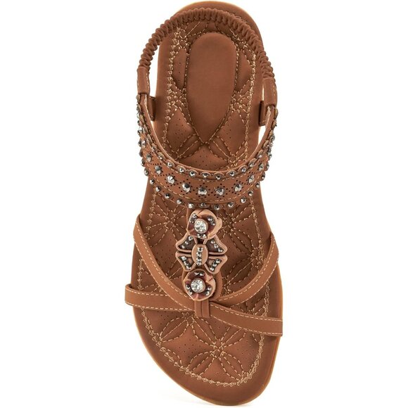 Womens Brown Leather Casual Beach Summer Jeweled Bohemian Flats Sandals - Picture 1 of 5
